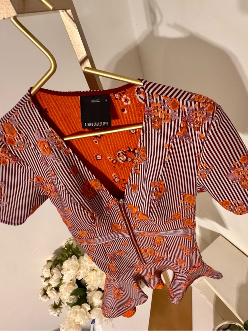 Striped Floral Ruffle Hem Mini Dress - Orange - Picture 4 of 6